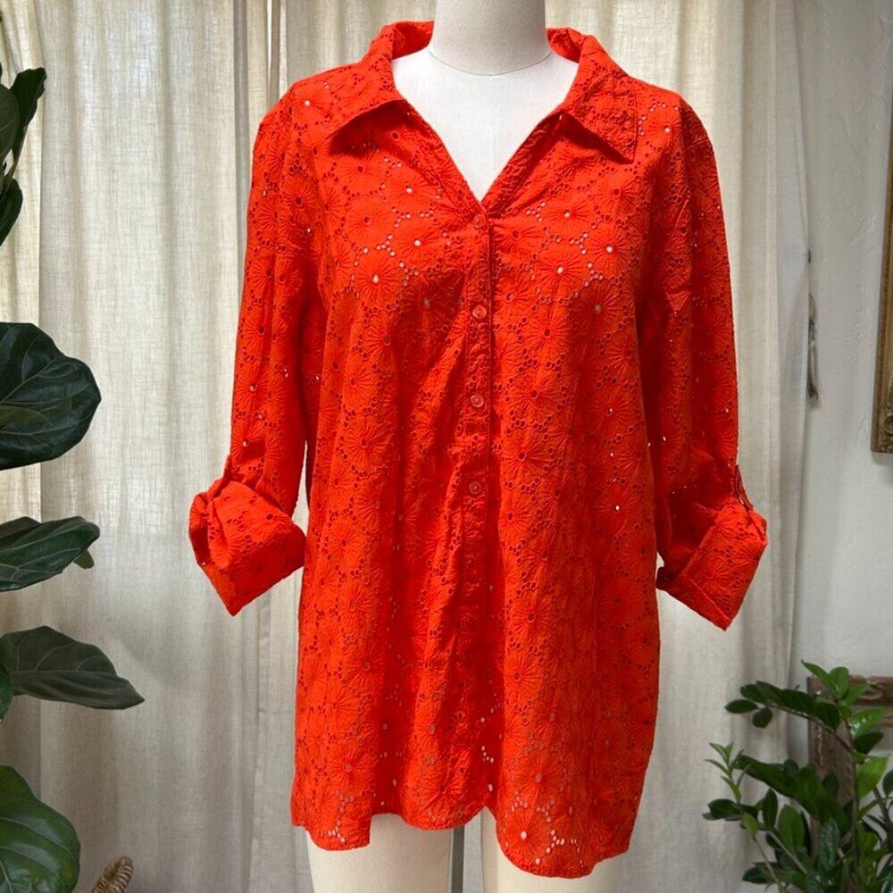 Orange Eyelet Lace Blouse Women L Button Up Boho Anthropologie Style